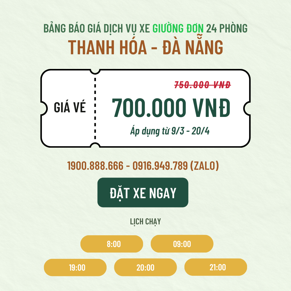 Đặt Xe Thanh Hóa <=> Đà Nẵng Giường Đơn