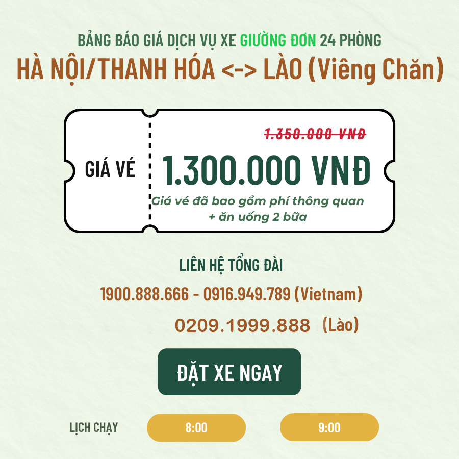 Đặt xe Thanh Hóa <=> Lào Giường Đơn